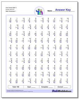 Fact Family Worksheet Math V 5+4=9, 8+4=12