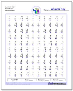 Fact Family Worksheet Math V 5+4=9, 8+4=12