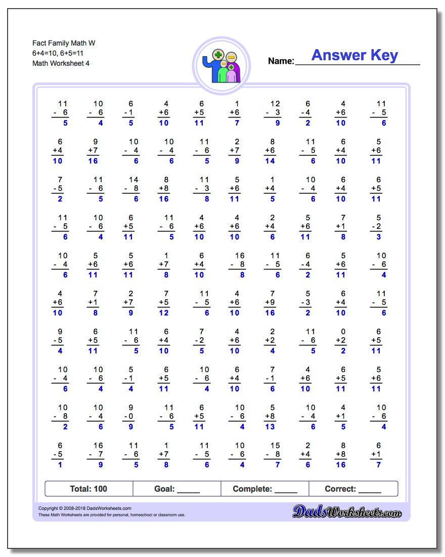 Fact Family Math W 6+4=10, 6+5=11 Worksheet