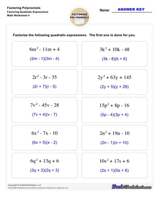 Factoring polynomials using greatest common factor, grouping, binomial factoring and more! Includes specific practice for both quadratic and linear expressions.  Factoring Polynomials Factoring Quadratic Expressions V4