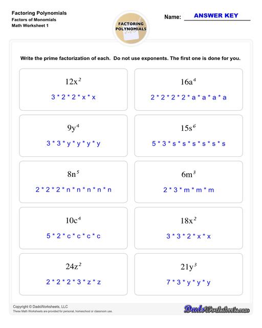 Factoring polynomials using greatest common factor, grouping, binomial factoring and more! Includes specific practice for both quadratic and linear expressions.  Factoring Polynomials Factors Of Monomials V1
