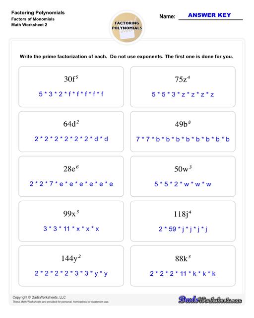Factoring polynomials using greatest common factor, grouping, binomial factoring and more! Includes specific practice for both quadratic and linear expressions.  Factoring Polynomials Factors Of Monomials V2