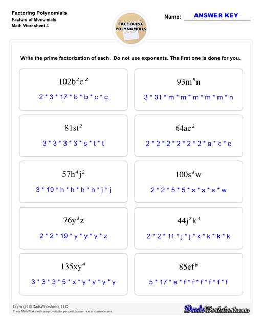 Factoring polynomials using greatest common factor, grouping, binomial factoring and more! Includes specific practice for both quadratic and linear expressions.  Factoring Polynomials Factors Of Monomials V4
