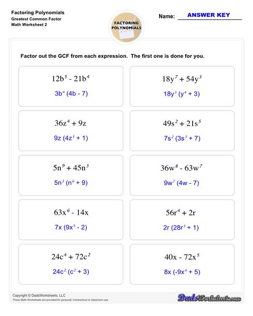 Factoring polynomials using greatest common factor, grouping, binomial factoring and more! Includes specific practice for both quadratic and linear expressions.  Factoring Polynomials Greatest Common Factor V2
