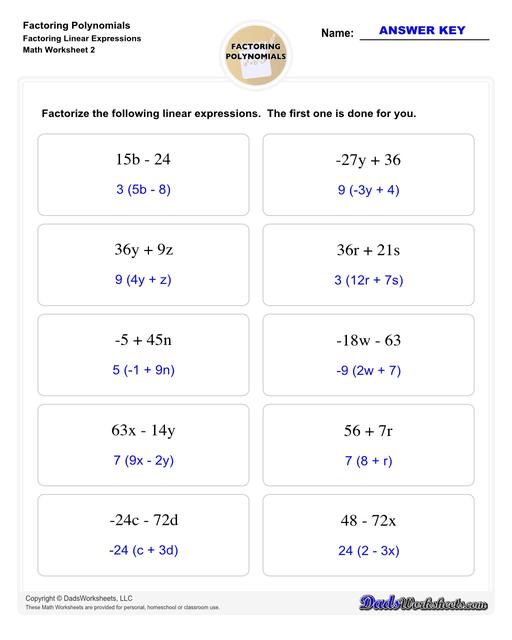 Factoring polynomials using greatest common factor, grouping, binomial factoring and more! Includes specific practice for both quadratic and linear expressions.  Factoring Polynomials Linear Expressions V2