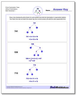 Factorization, GCD, LCM Prime Trees Difficult Factorizations Worksheet