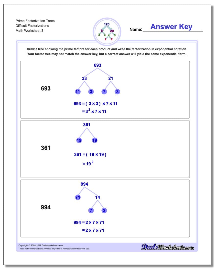 Prime Factorization Trees Difficult Factorizations Worksheet