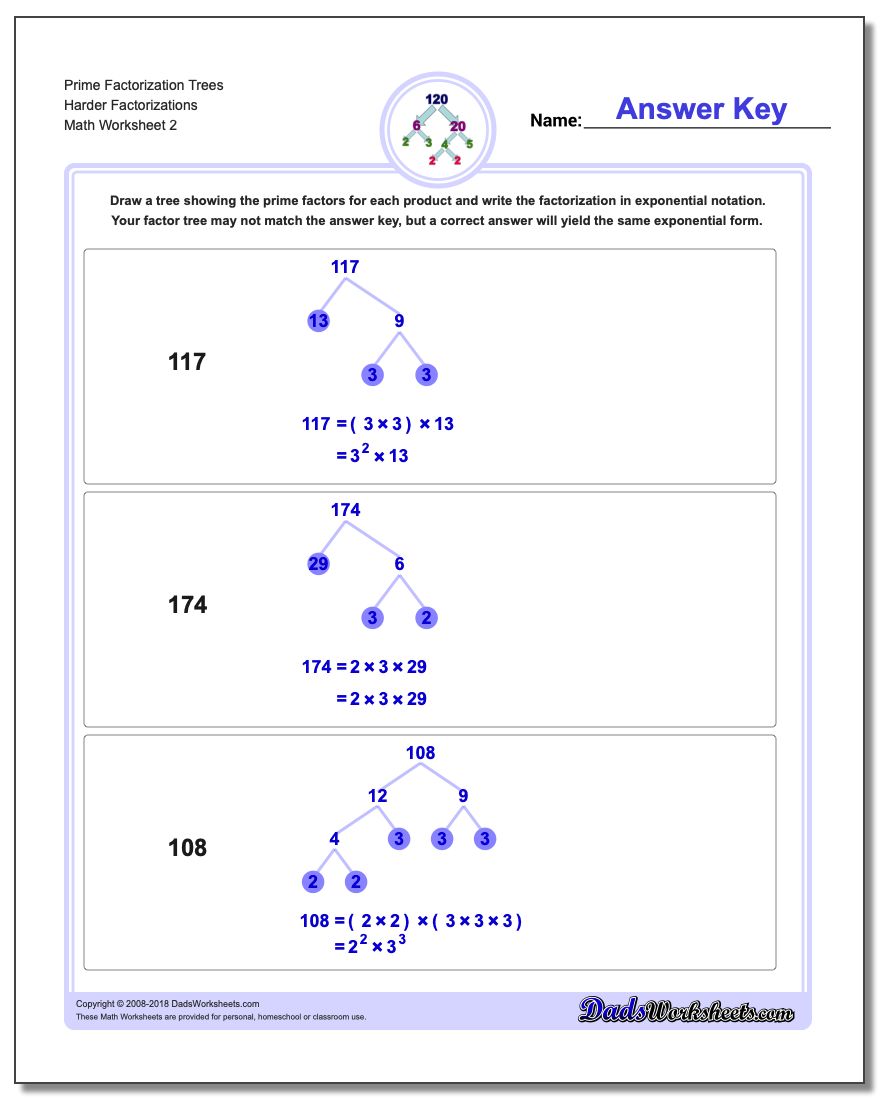 Prime Factorization Trees Harder Factorizations www.dadsworksheets.com/worksheets/factorization-gcd-lcm.html Worksheet