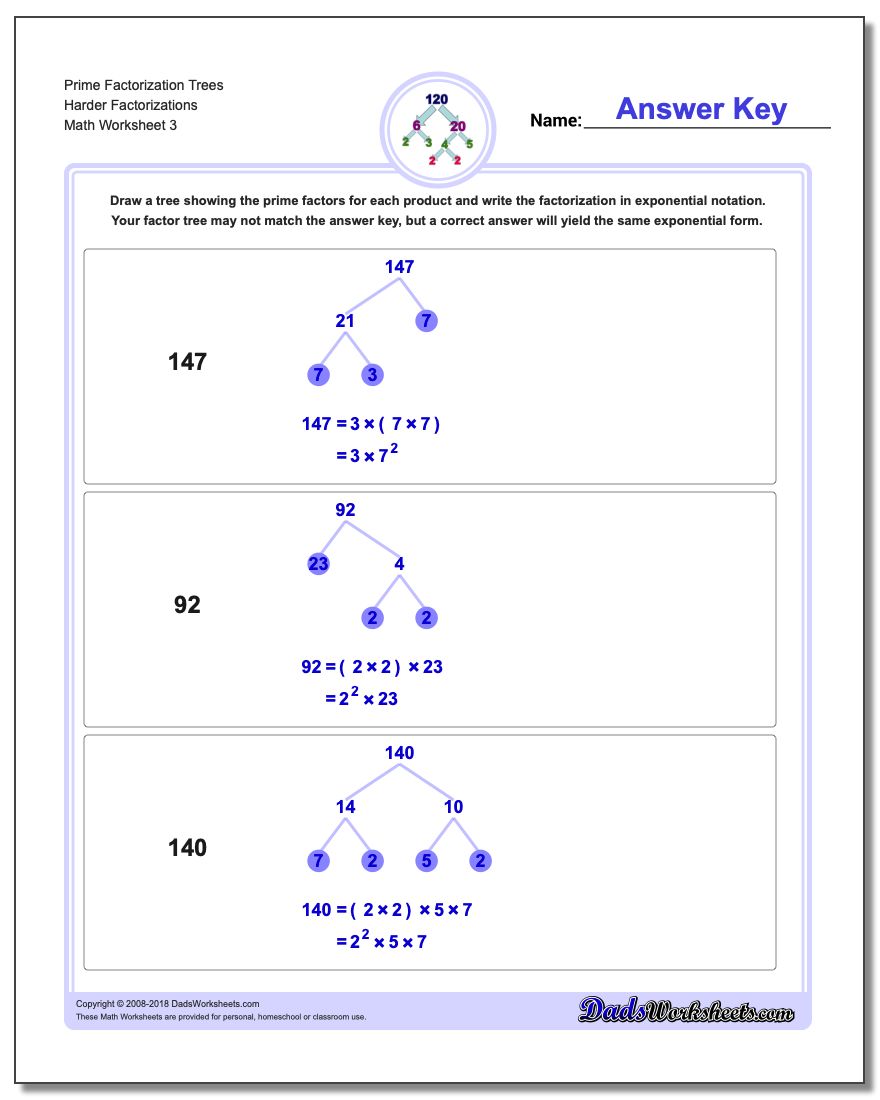 Prime Factorization Trees Harder Factorizations Worksheet