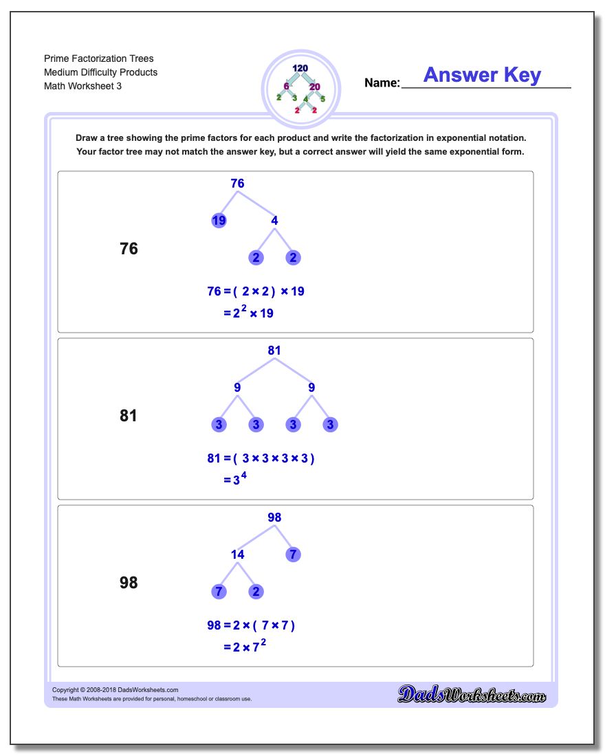 Prime Factorization Trees Medium Difficulty Products Worksheet