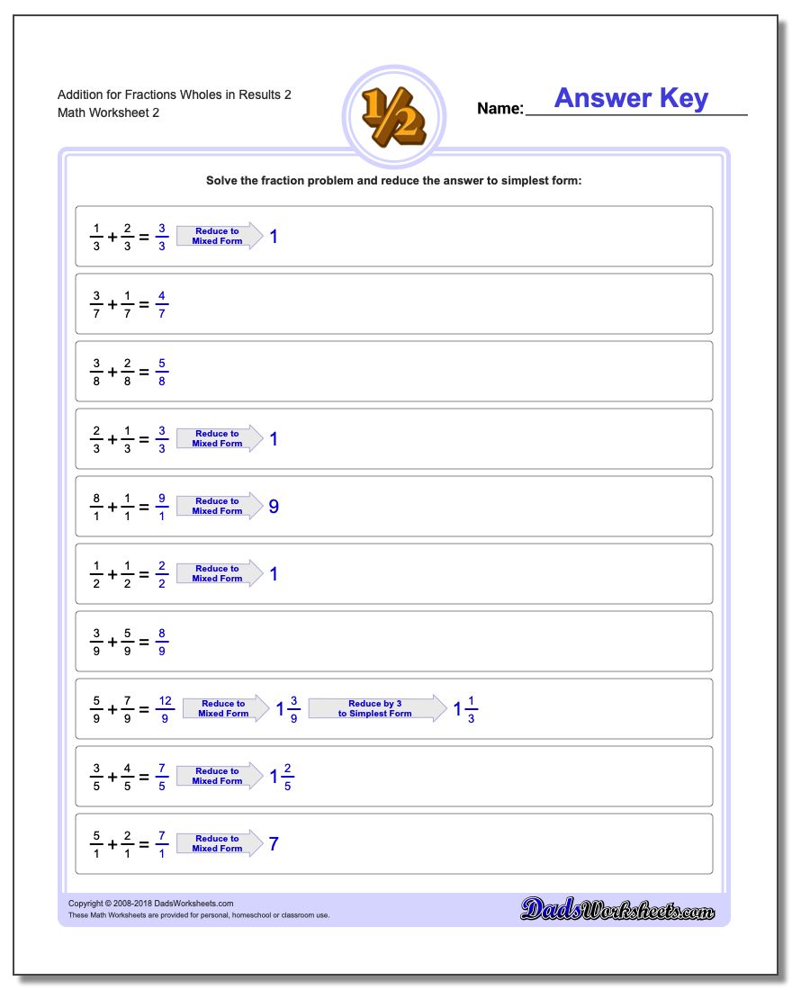 Addition Worksheet for Fraction Worksheets Wholes in Results 2 www.dadsworksheets.com/worksheets/fraction-addition.html