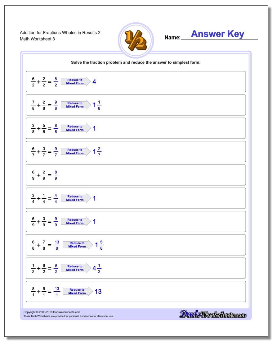 Addition Worksheet for Fraction Worksheets Wholes in Results 2