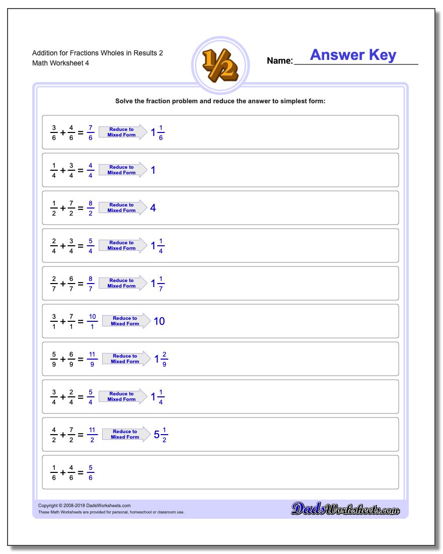 Adding Fractions with Mixed Fraction Answers