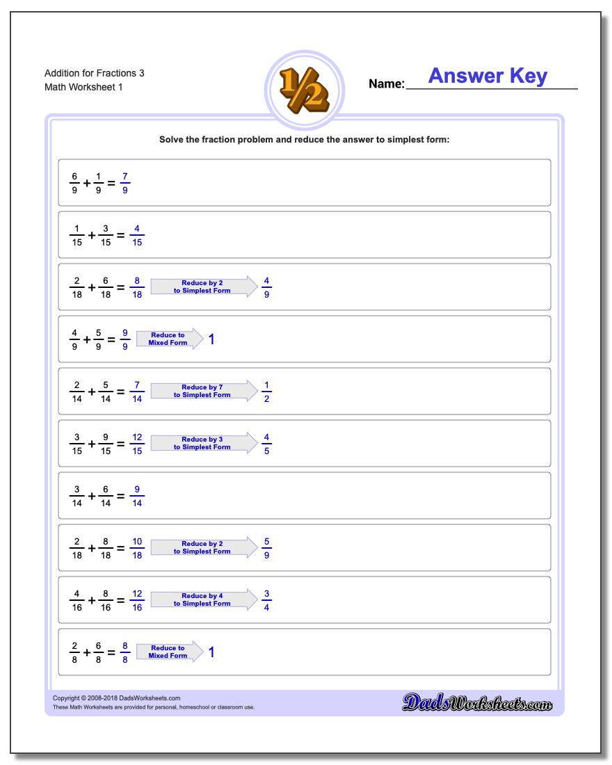 Adding Fraction Worksheets Addition Worksheet for 3