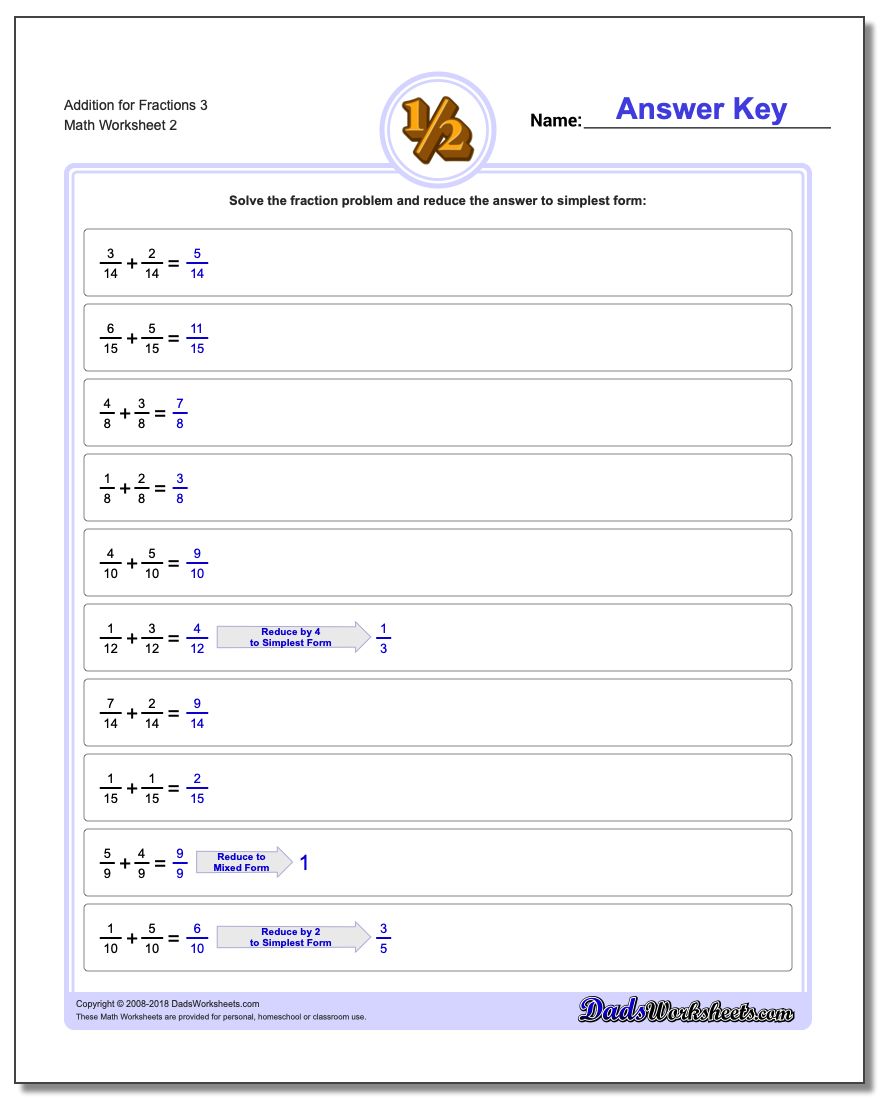 Addition Worksheet for Fraction Worksheets 3 www.dadsworksheets.com/worksheets/fraction-addition.html