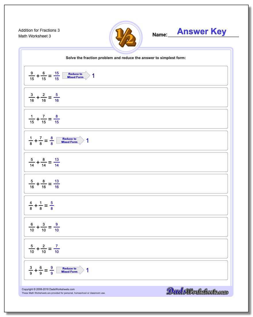 Addition Worksheet for Fraction Worksheets 3
