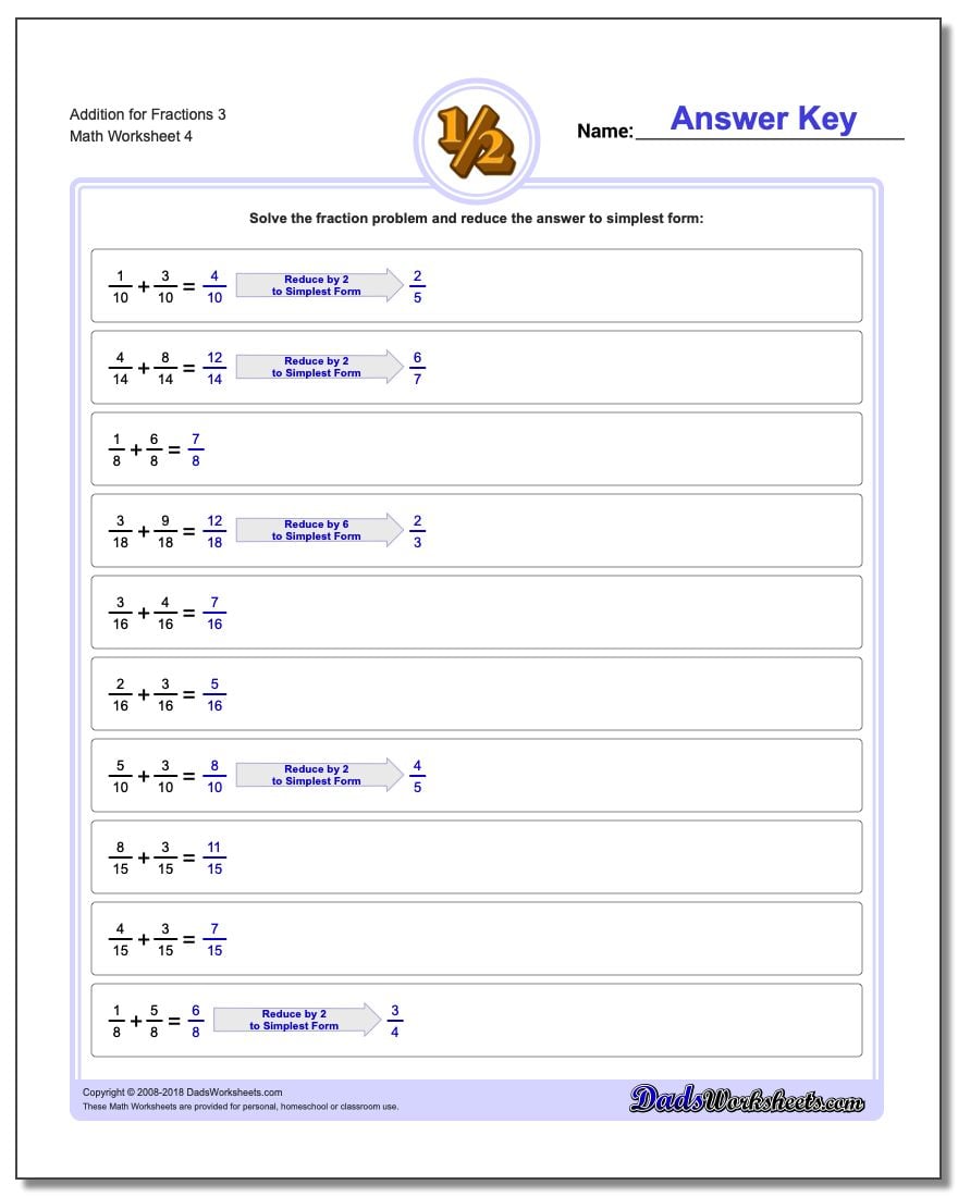 Addition Worksheet for Fraction Worksheets 3