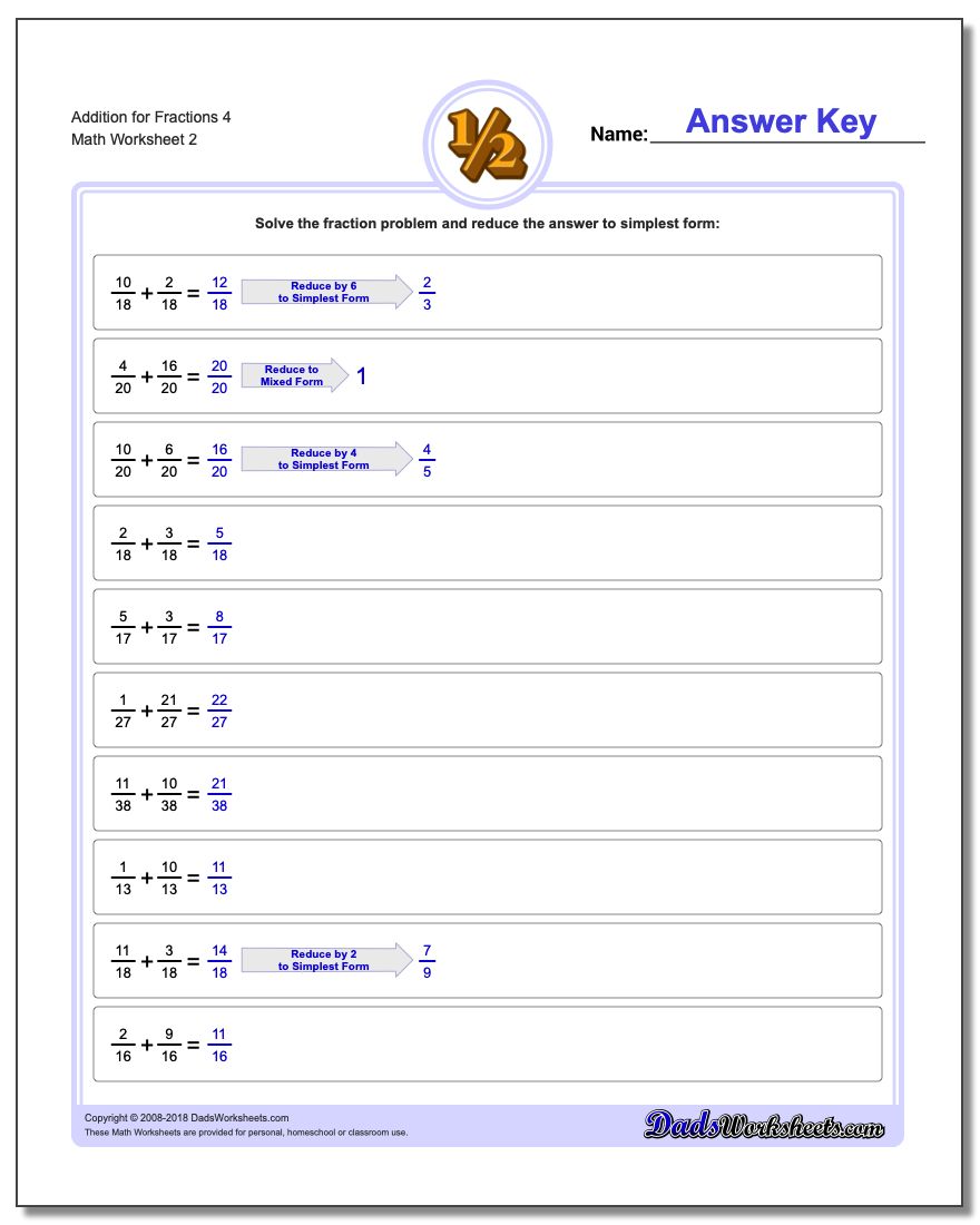 Addition Worksheet for Fraction Worksheets 4 www.dadsworksheets.com/worksheets/fraction-addition.html