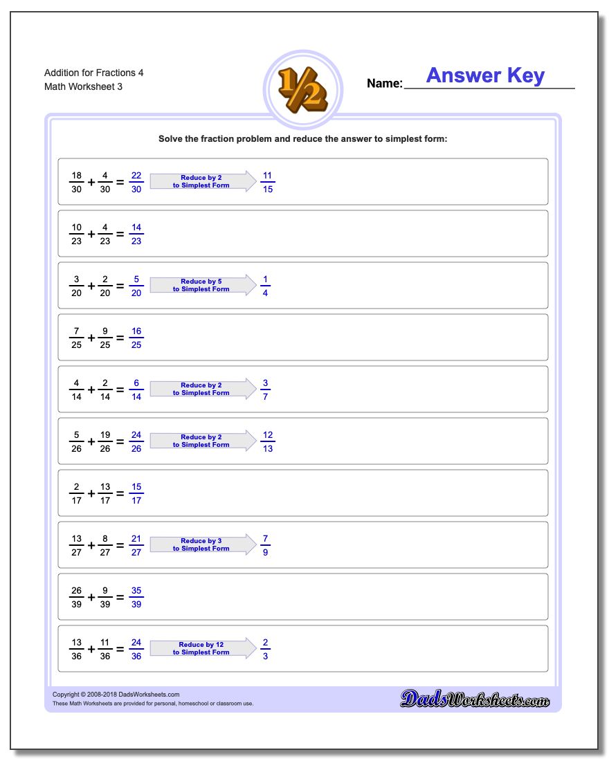 Addition Worksheet for Fraction Worksheets 4