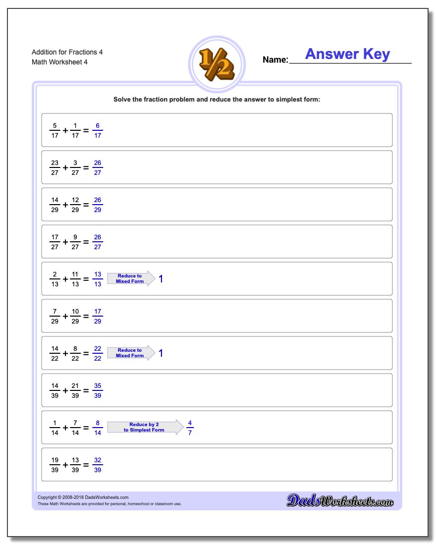 Addition Worksheet for Fraction Worksheets 4