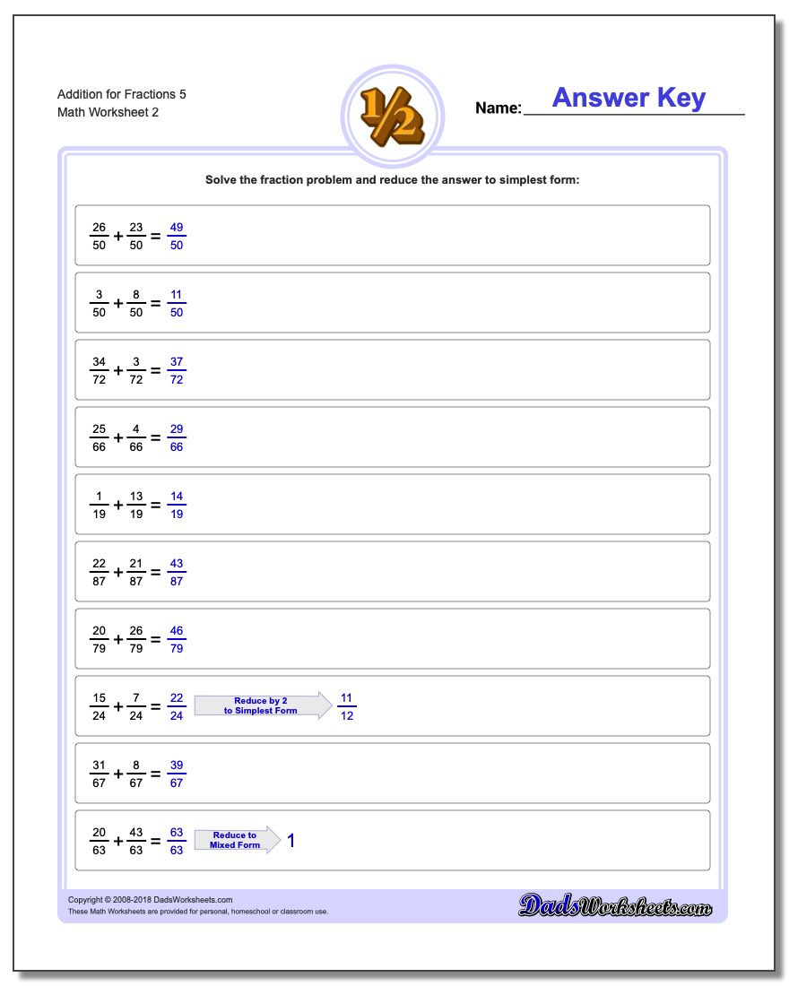 Addition Worksheet for Fraction Worksheets 5 www.dadsworksheets.com/worksheets/fraction-addition.html