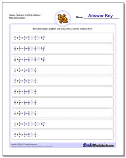 Halves, Quarters, Eighths Addition Worksheet 1