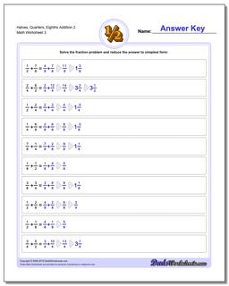 Halves, Quarters, Eighths Addition Worksheet 2