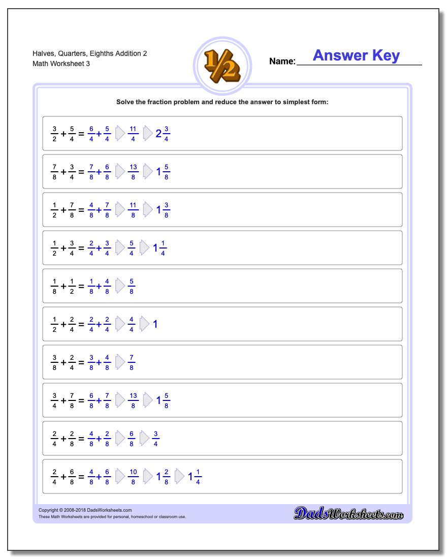 Halves, Quarters, Eighths Addition Worksheet 2