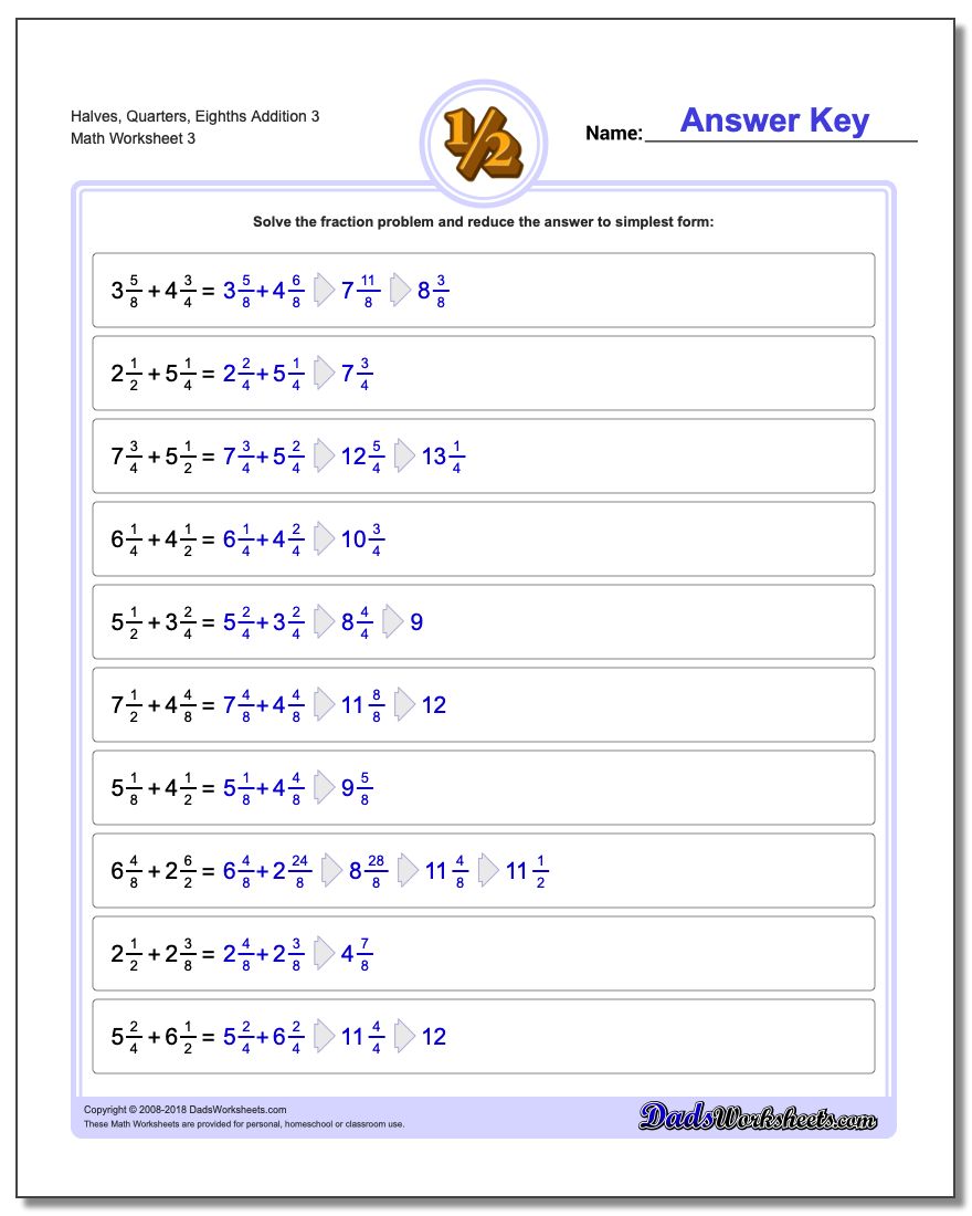 Halves, Quarters, Eighths Addition Worksheet 3
