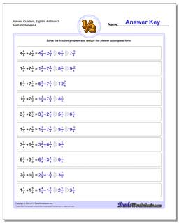 Halves, Quarters, Eighths Addition Worksheet 3