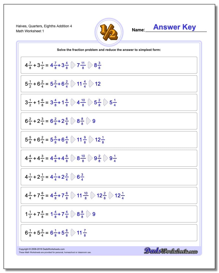 Halves, Quarters, Eighths Addition Worksheet 4 Adding Fraction Worksheets