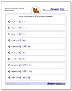 Halves, Quarters, Eighths Addition Worksheet 4