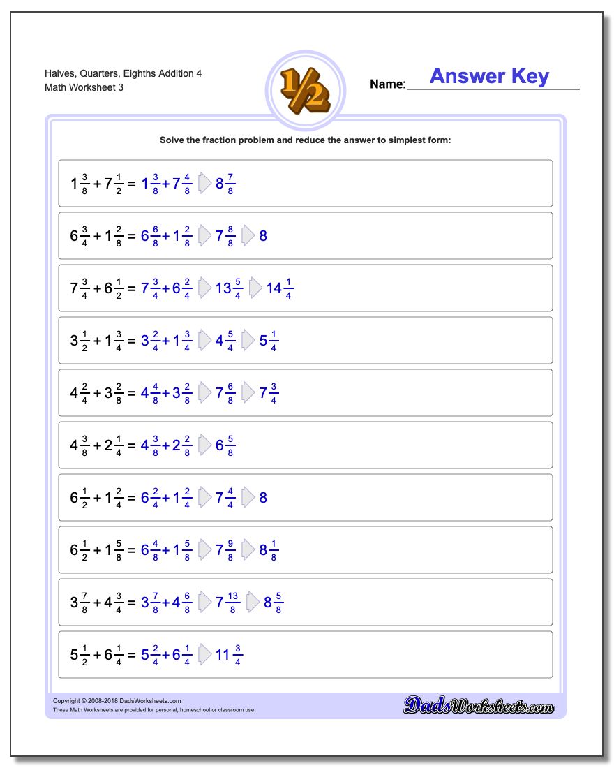 Halves, Quarters, Eighths Addition Worksheet 4