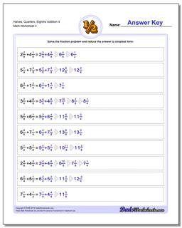 Halves, Quarters, Eighths Addition Worksheet 4
