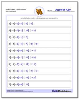 Halves, Quarters, Eighths Addition Worksheet 4