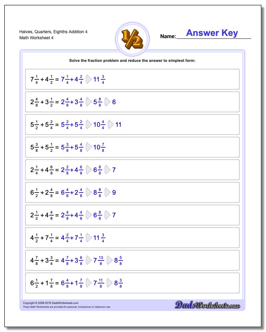 Halves, Quarters, Eighths Addition Worksheet 4