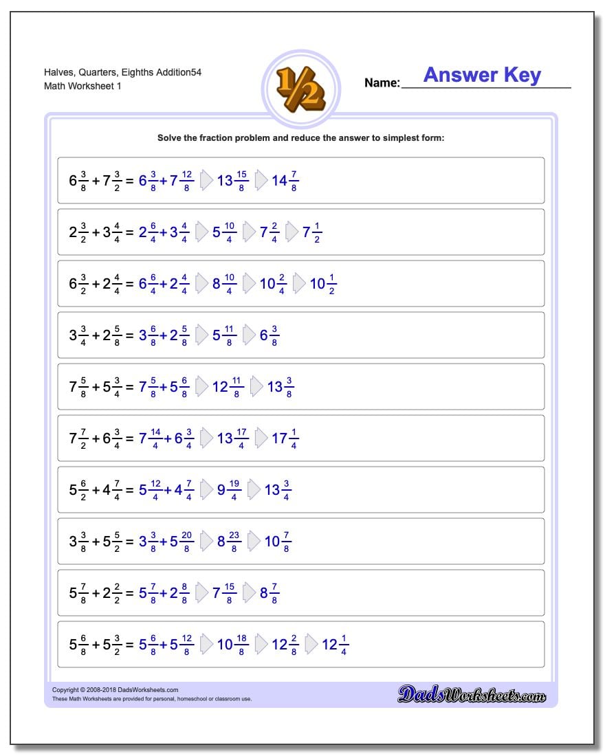 Halves, Quarters, Eighths Addition Worksheet54 Adding Fraction Worksheets