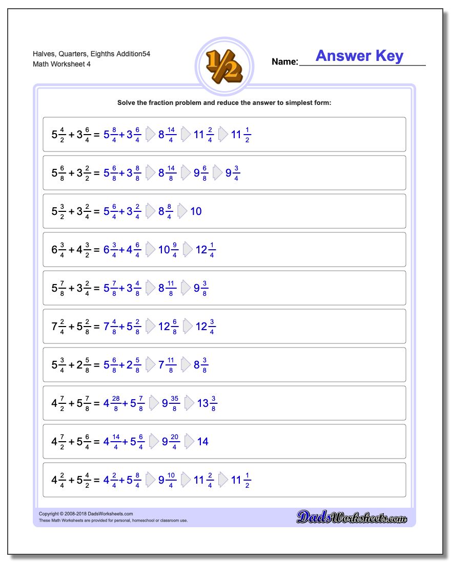 Halves, Quarters, Eighths Addition Worksheet54