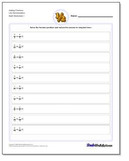 Printable fraction addition worksheet with answer key