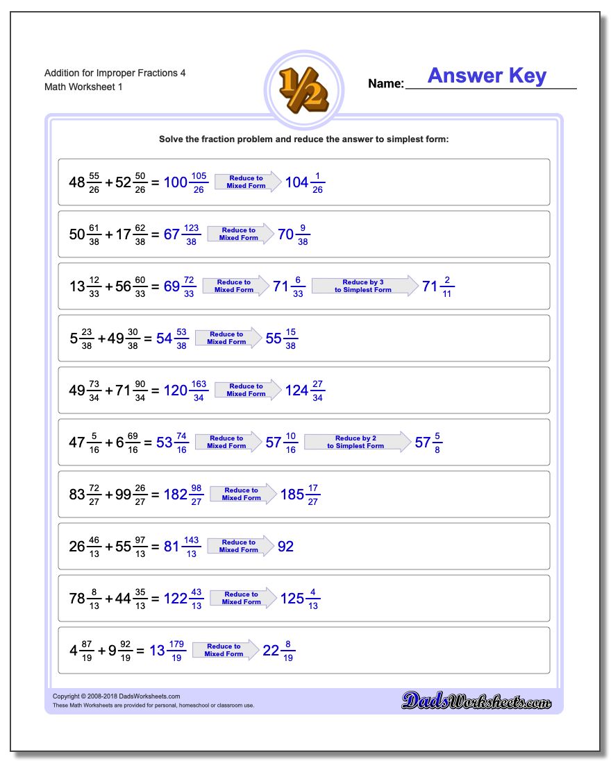 Adding Fraction Worksheets Addition Worksheet for Improper 4