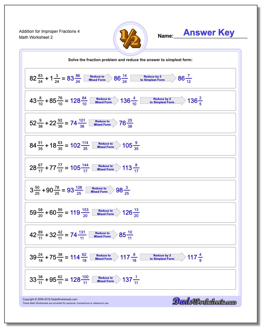 Addition Worksheet for Improper Fraction Worksheets 4 www.dadsworksheets.com/worksheets/fraction-addition.html