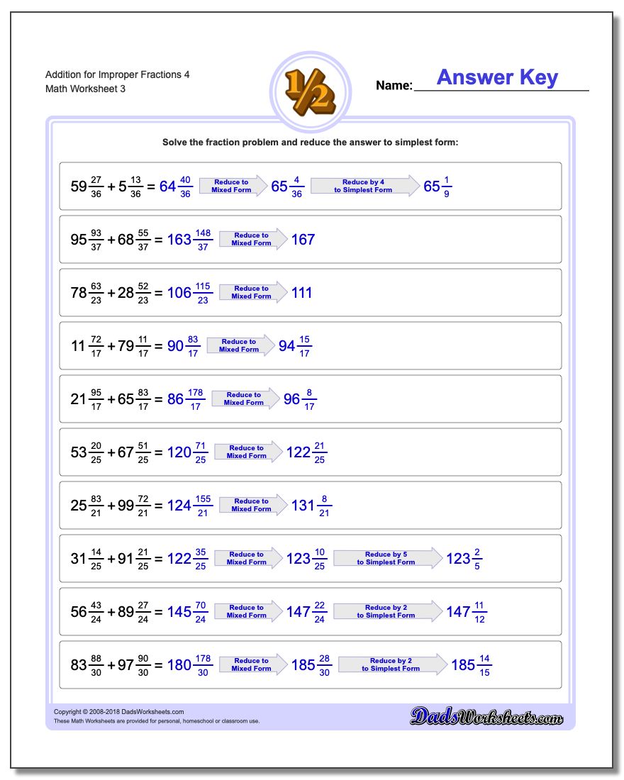 Addition Worksheet for Improper Fraction Worksheets 4