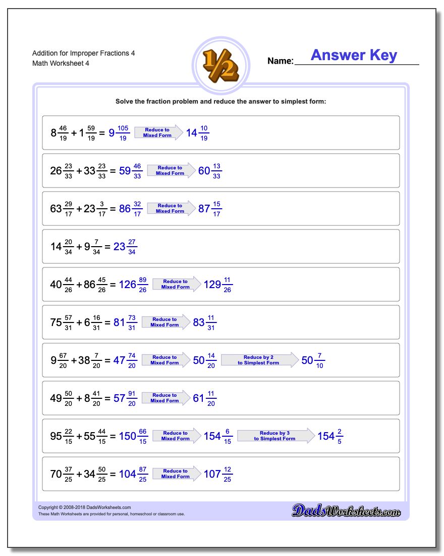 Addition Worksheet for Improper Fraction Worksheets 4