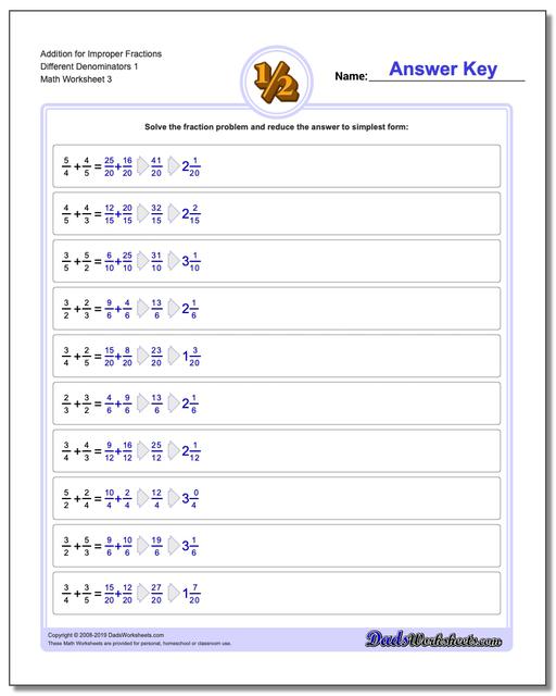 adding improper fractions with unlike denominators