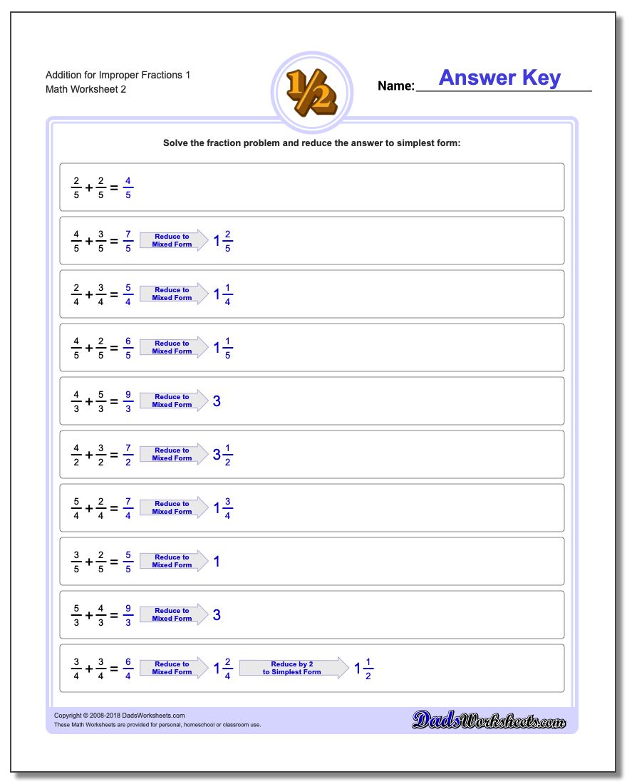 Addition Worksheet for Improper Fraction Worksheets 1 www.dadsworksheets.com/worksheets/fraction-addition.html