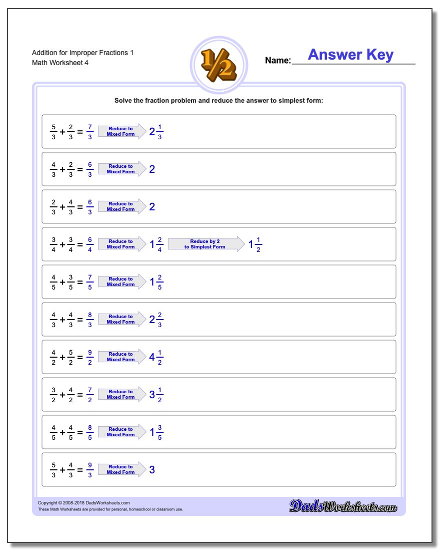 Addition Worksheet for Improper Fraction Worksheets 1