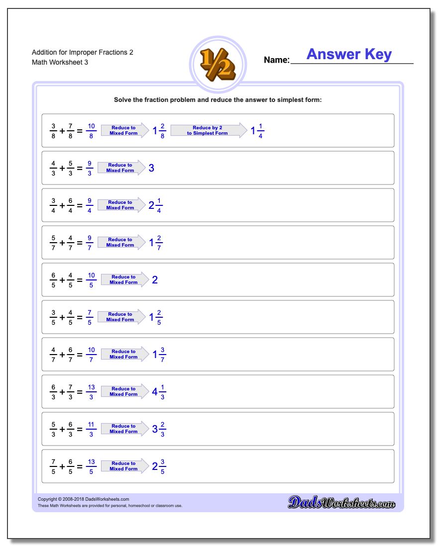 Addition Worksheet for Improper Fraction Worksheets 2