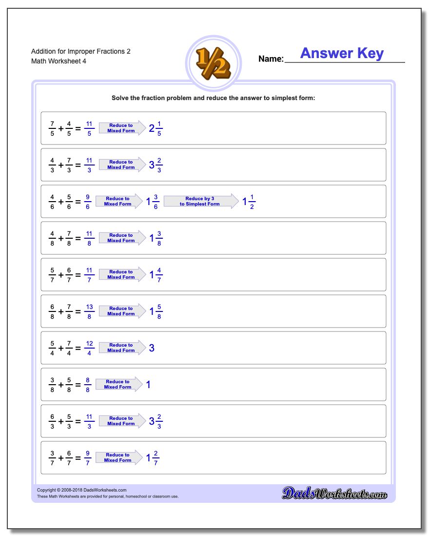 Addition Worksheet for Improper Fraction Worksheets 2
