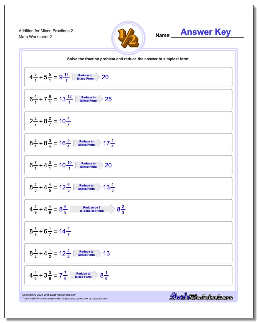 Addition Worksheet for Mixed Fraction Worksheets 2 www.dadsworksheets.com/worksheets/fraction-addition.html