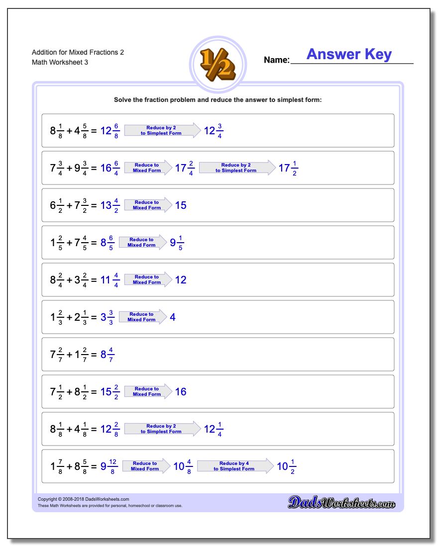 Addition Worksheet for Mixed Fraction Worksheets 2